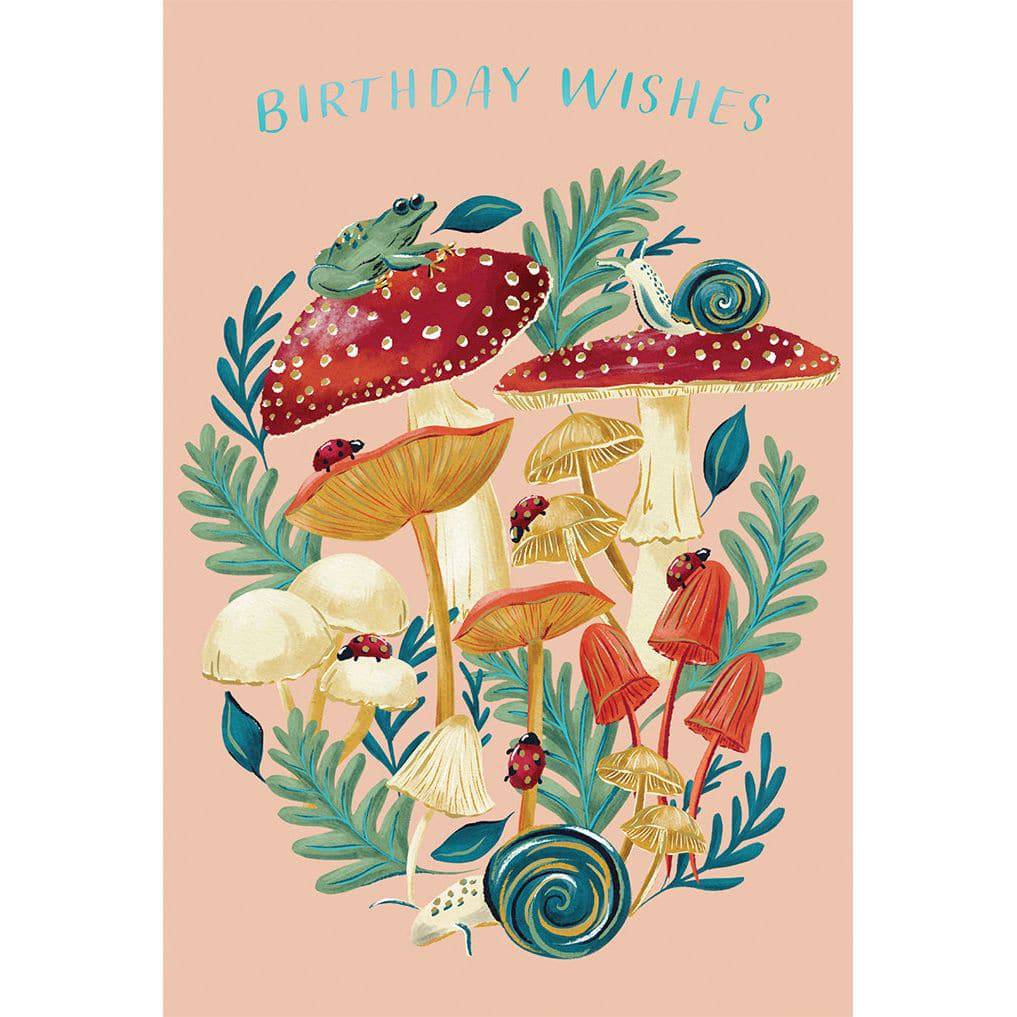 Pictura Mushroom Forest birthday card featuring whimsical mushroom illustrations on a colorful background.